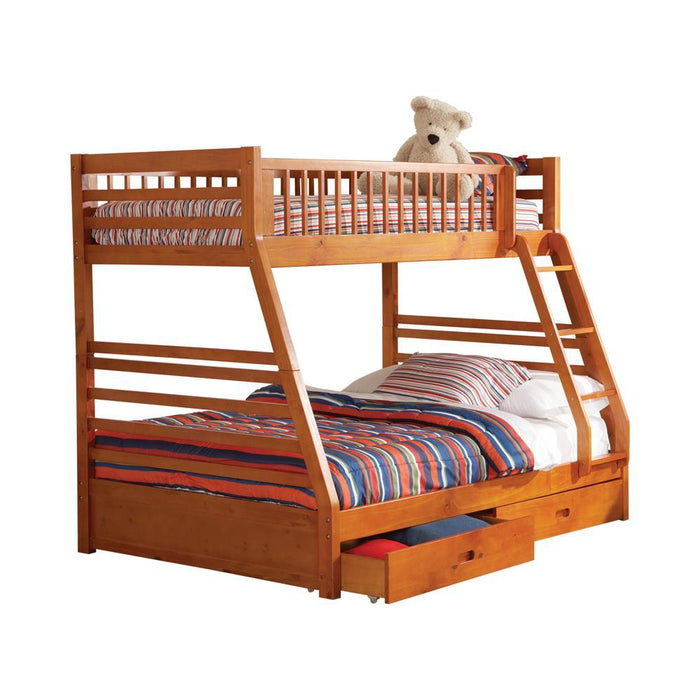 Ashton Twin Over Full 2-drawer Bunk Bed Cappuccino, White, Navy, Honey, & Brown