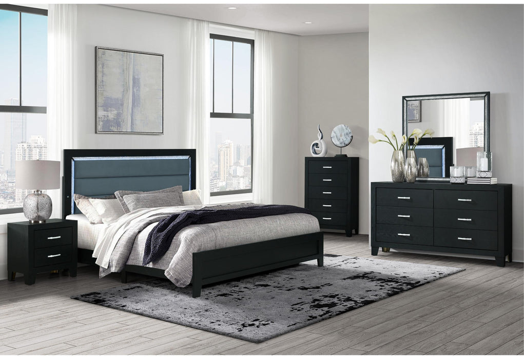 REID BLACK FULL BED, DRESSER, MIRROR AND NIGHTSTAND
