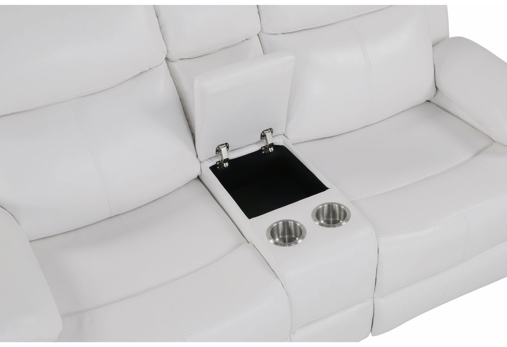U6026 Blanche White Console Reclining Loveseat with LED and Speaker
