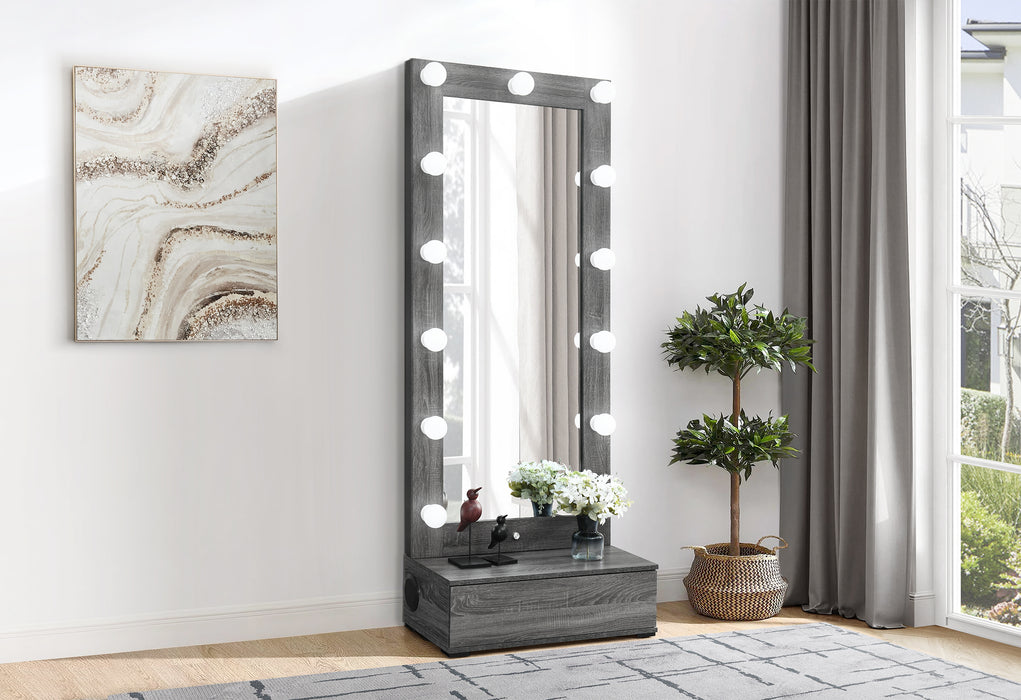 LEXI GREY TALL MIRROR WITH DRAWER AND SPEAKERS
