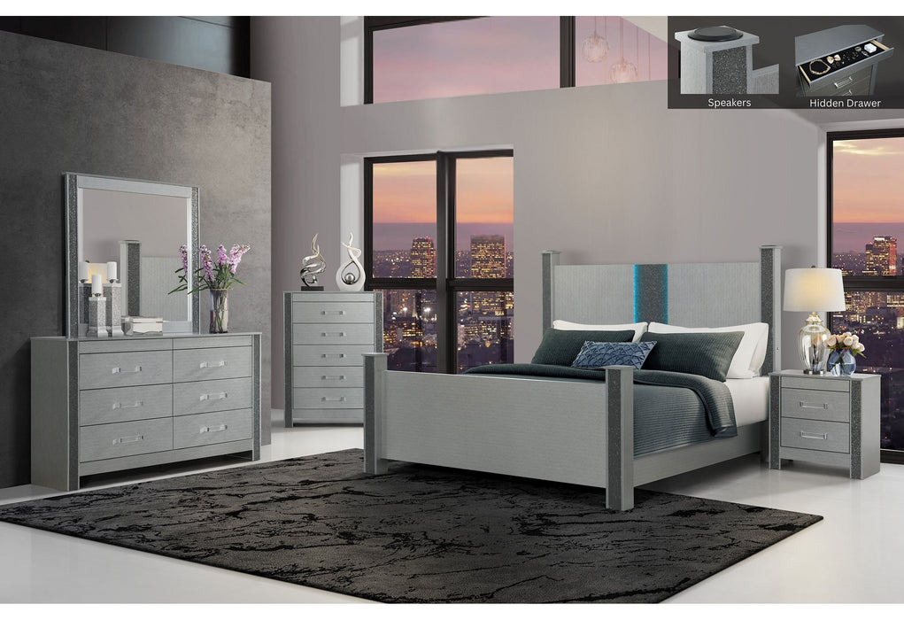 LOGAN SILVER KING BED GROUP W/ LED AND SPEAKERS
