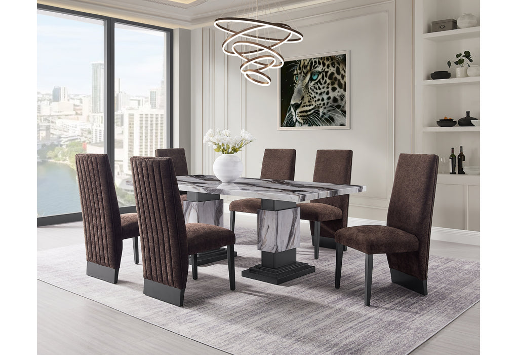 D12 DINING TABLE AND 8 D12 BROWN DINING CHAIRS