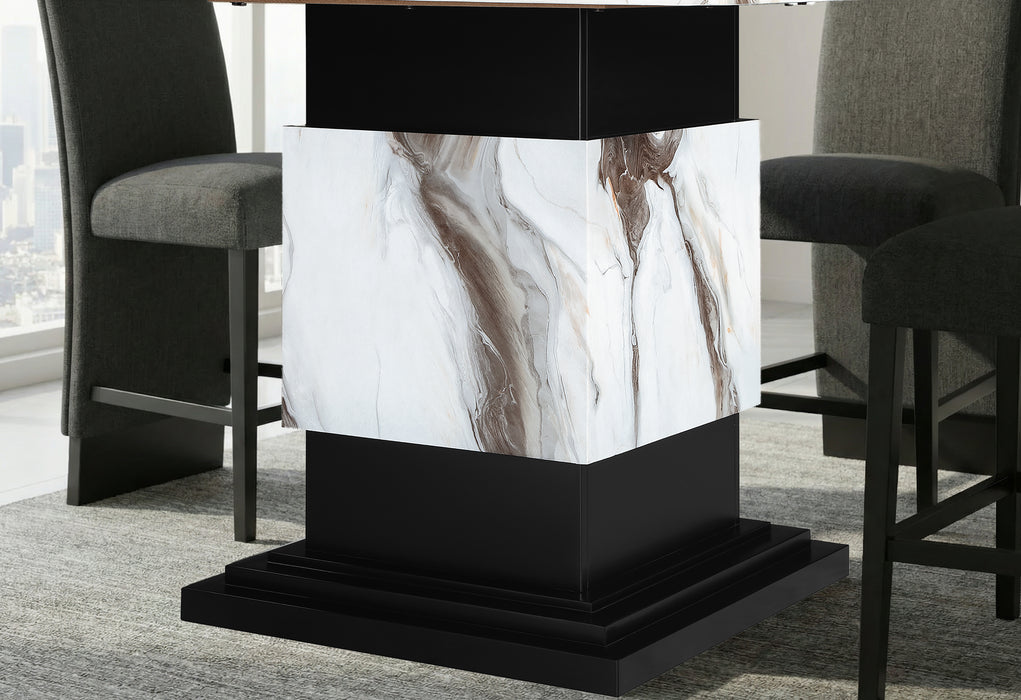D12 BAR TABLE AND 4 D12 BROWN BAR STOOLS