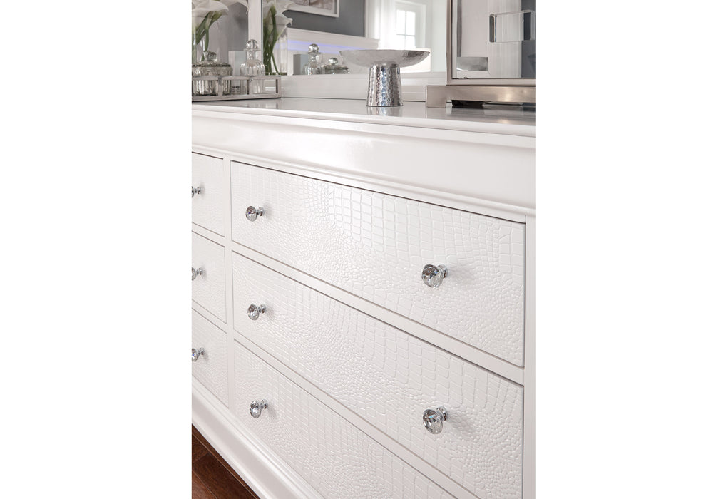 POMPEI METALLIC WHITE QUEEN BED, DRESSER, MIRROR AND 2 NIGHTSTANDS