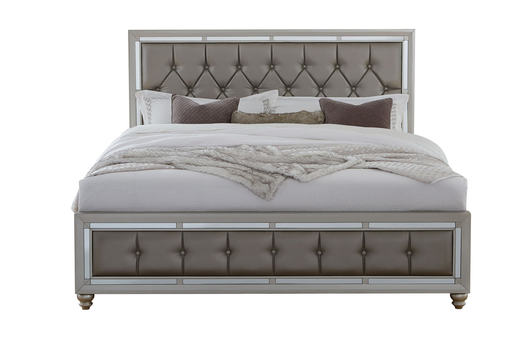 RILEY SILVER FULL BED, DRESSER, MIRROR AND NIGHSTAND