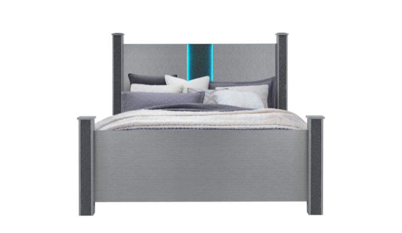 LOGAN SILVER FULL BED, DRESSER, MIRROR AND NIGHTSTAND
