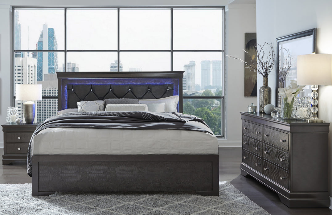 POMPEI METALLIC GREY KING BED GROUP WITH LED