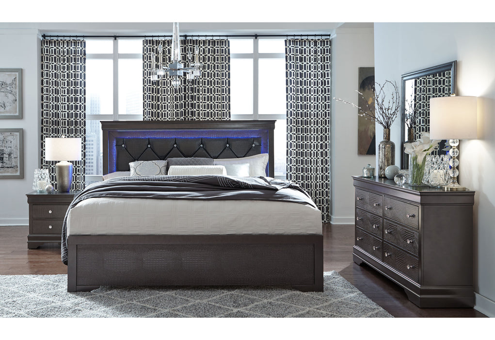 POMPEI METALLIC GREY QUEEN BED, DRESSER, MIRROR AND 2 NIGHTSTANDS