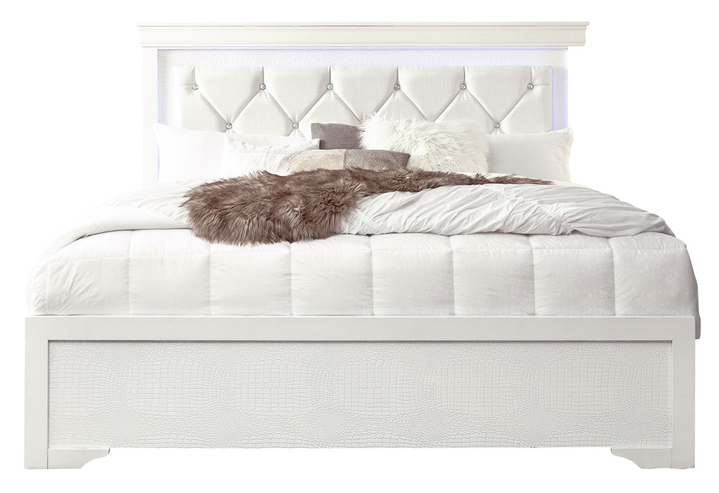 POMPEI METALLIC WHITE QUEEN BED, DRESSER, MIRROR AND 2 NIGHTSTANDS