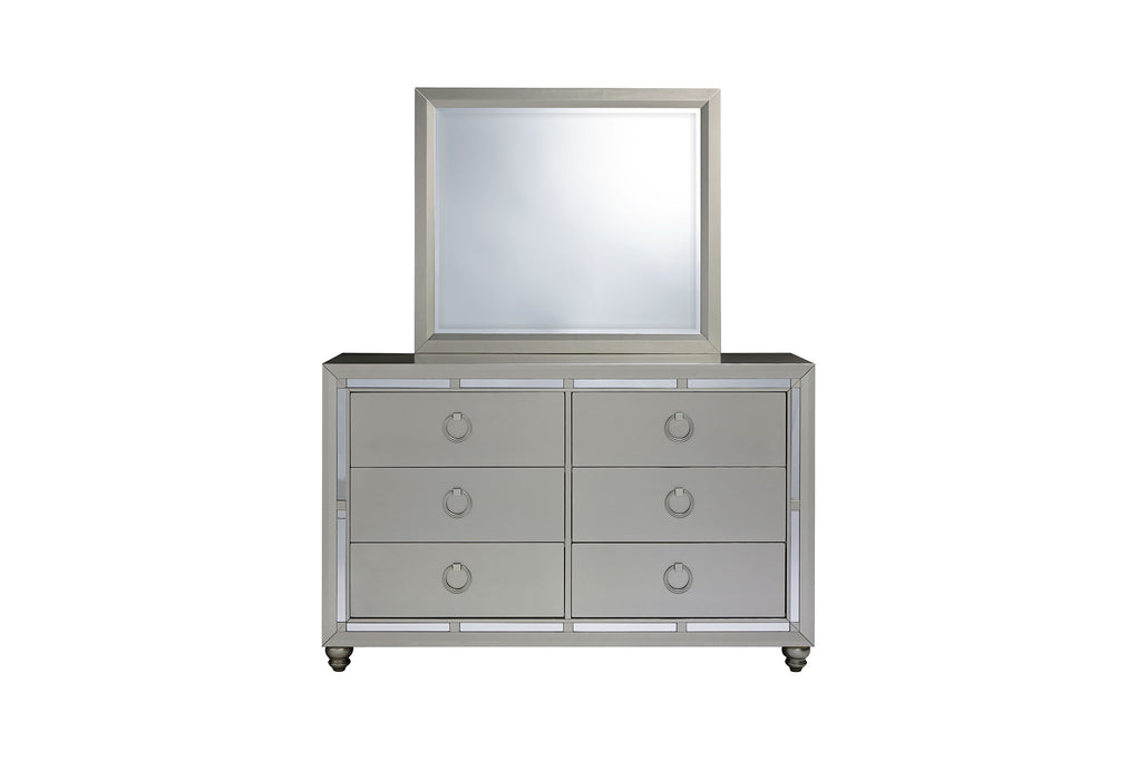 RILEY SILVER KING BED, DRESSER, MIRROR, NIGHTSTAND