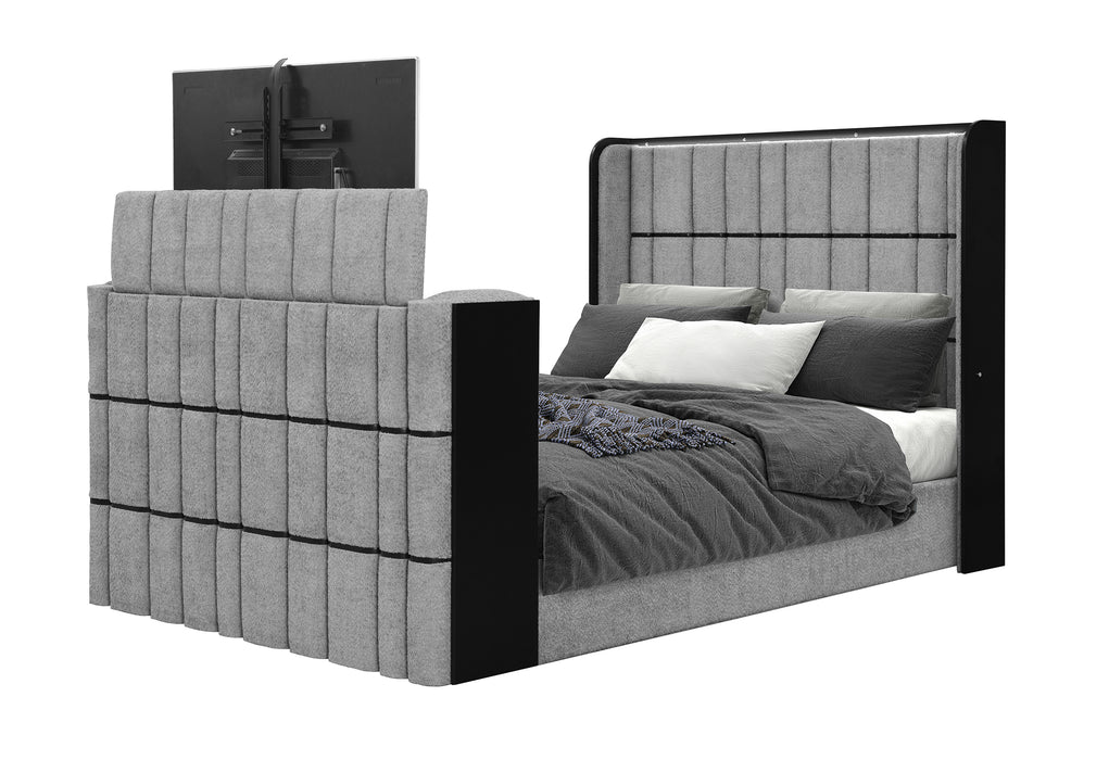 ISABELLA GREY QUEEN BED W/LED, TV LIFT, SPEAKER AND FIREPLACE